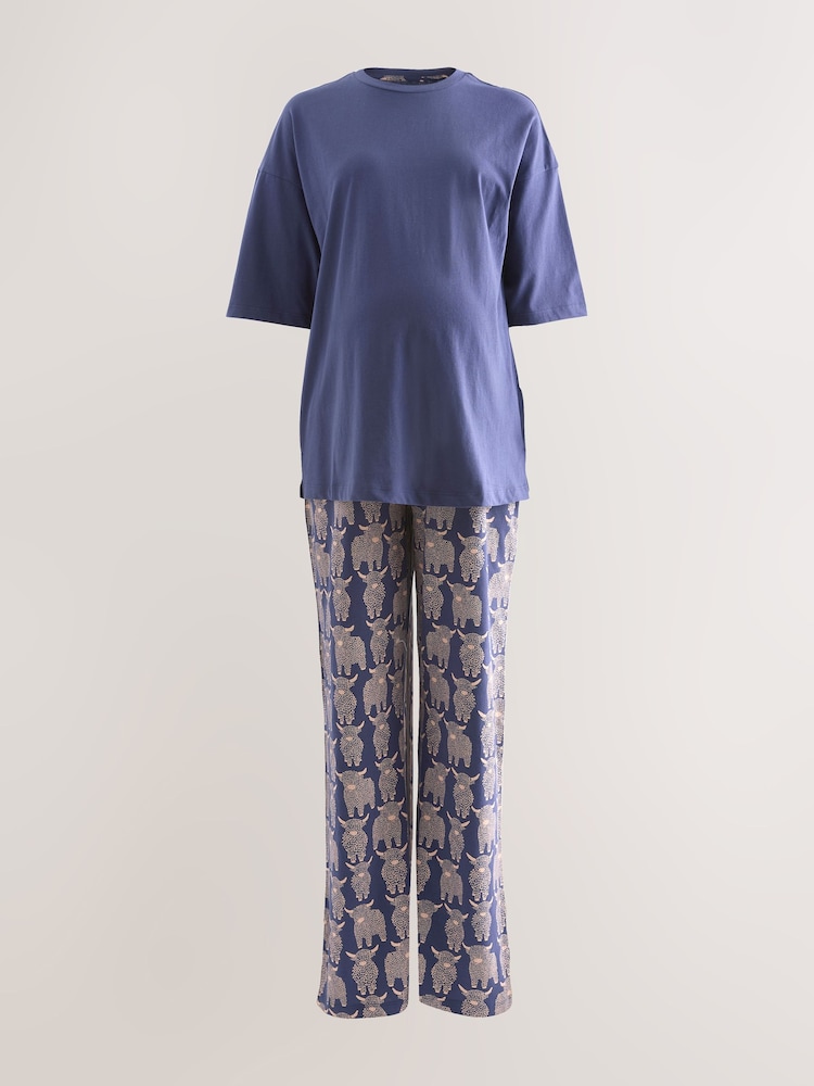 Navy Hamish The Highland Cow Maternity Short Sleeve Pyjamas - Image 1 of 4 Navy Hamish The Highland Cow Maternity Short Sleeve Pyjamas - Image 1 of 4