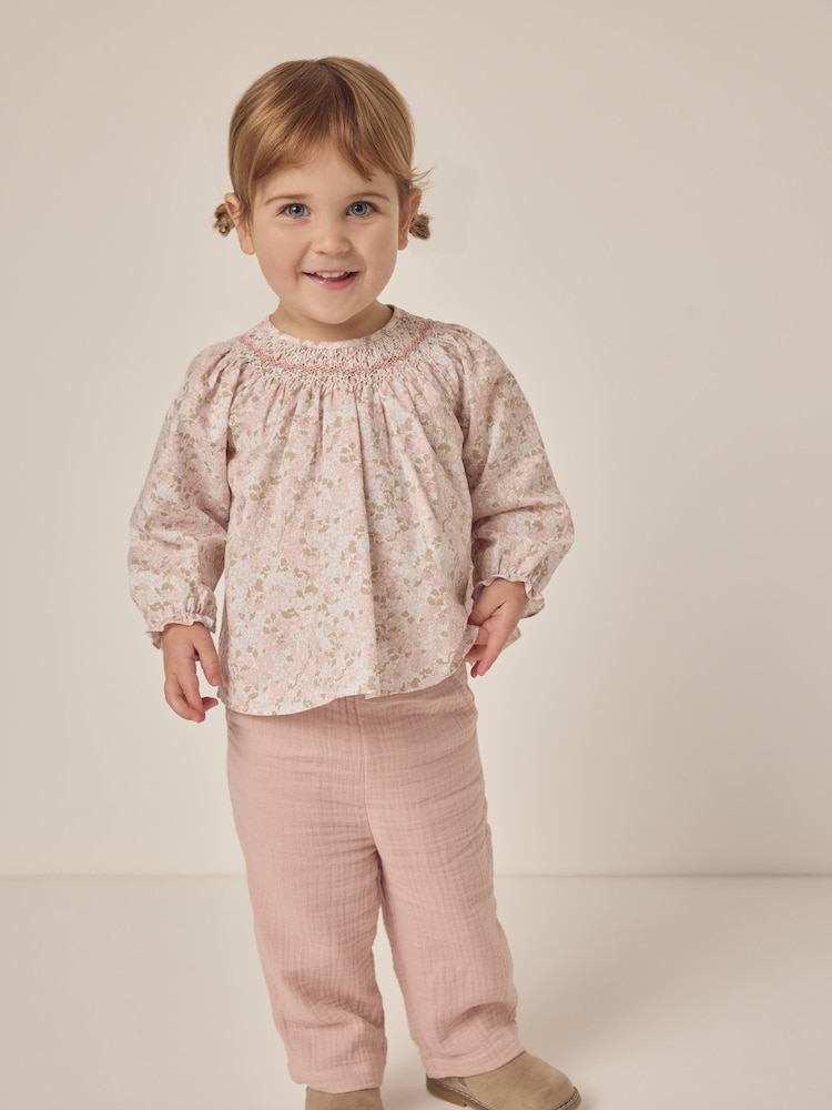 The White Company 100% Cotton Petunia Hand Smocked Blouse & Crinkle White Trousers - Image 1 of 6