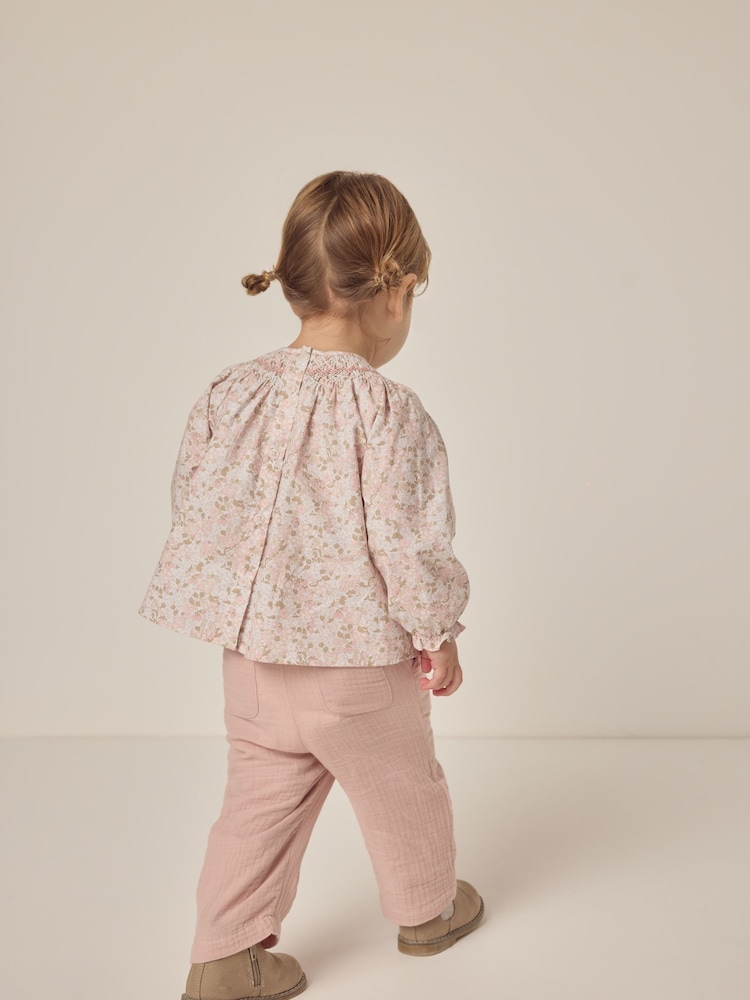 The White Company 100% Cotton Petunia Hand Smocked Blouse & Crinkle White Trousers - Image 2 of 6