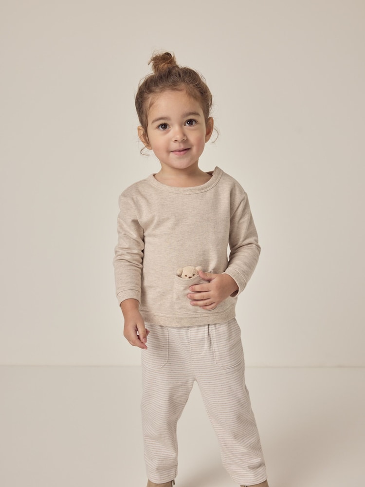The White Company 100% Cotton Bear Sweatshirt & Stripe White Trousers - Imagem 1 de 6