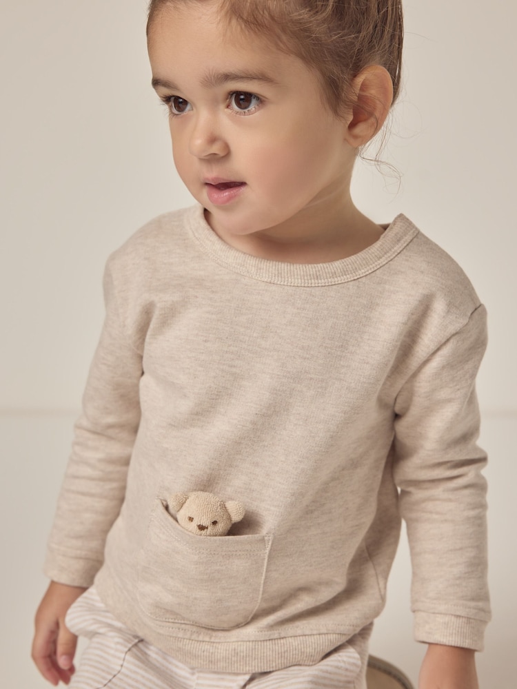 The White Company 100% Cotton Bear Sweatshirt & Stripe White Trousers - Imagem 2 de 6