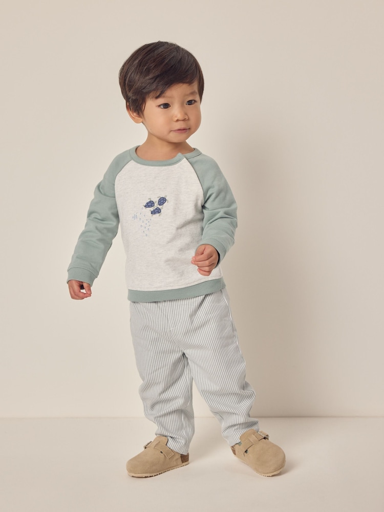 The White Company Green 100% Cotton Turtle Sweatshirt & Stripe Twill Trousers Set - Image 1 of 6