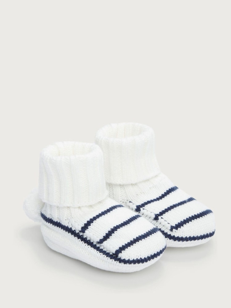 The White Company Blue 100% Cotton Stripe Pom Knitted Pram Booties - Image 1 of 2