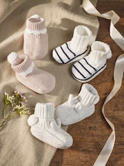 The White Company Blue 100% Cotton Stripe Pom Knitted Pram Booties - Image 2 of 2