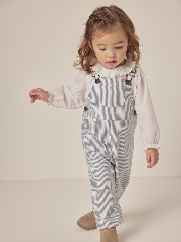 The White Company Blue 100% Organic Cotton Stripe Twill Dungaree & Frill Collar Blouse Set - Image 1 of 6