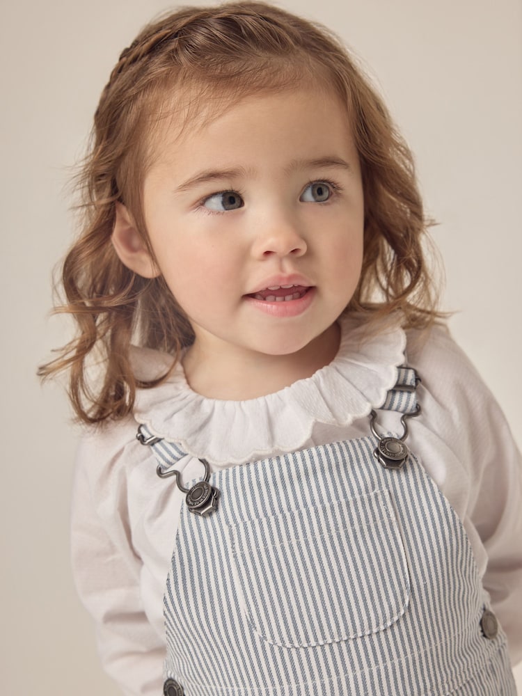 The White Company Blue Stripe Twill Dungaree & Frill Collar Blouse Set - Image 2 of 6 The White Company Blue Stripe Twill Dungaree & Frill Collar Blouse Set - Image 2 of 6
