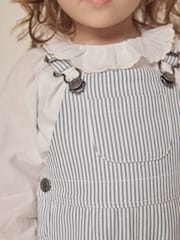 The White Company Blue 100% Organic Cotton Stripe Twill Dungaree & Frill Collar Blouse Set - Image 3 of 6