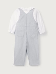 The White Company Blue 100% Organic Cotton Stripe Twill Dungaree & Frill Collar Blouse Set - Image 6 of 6