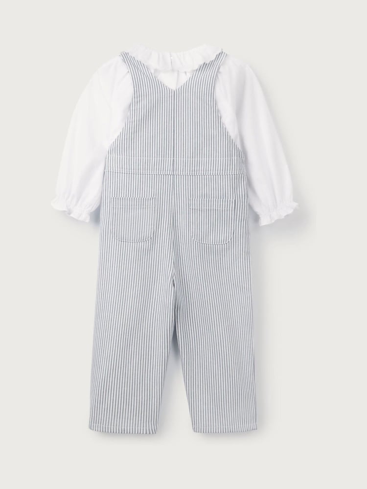 The White Company Blue 100% Organic Cotton Stripe Twill Dungaree & Frill Collar Blouse Set - Image 6 of 6