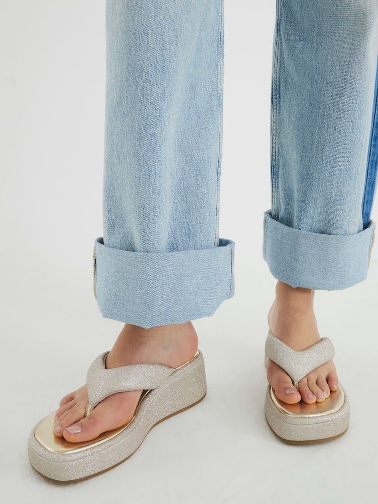 River Island Silver Toe Thong Wedge Sandals - Image 1 of 6
