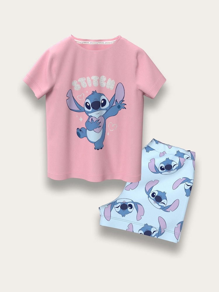 Brand Threads Pink/Blue Stitch Short 100% Cotton Pyjama Set - Image 1 of 2