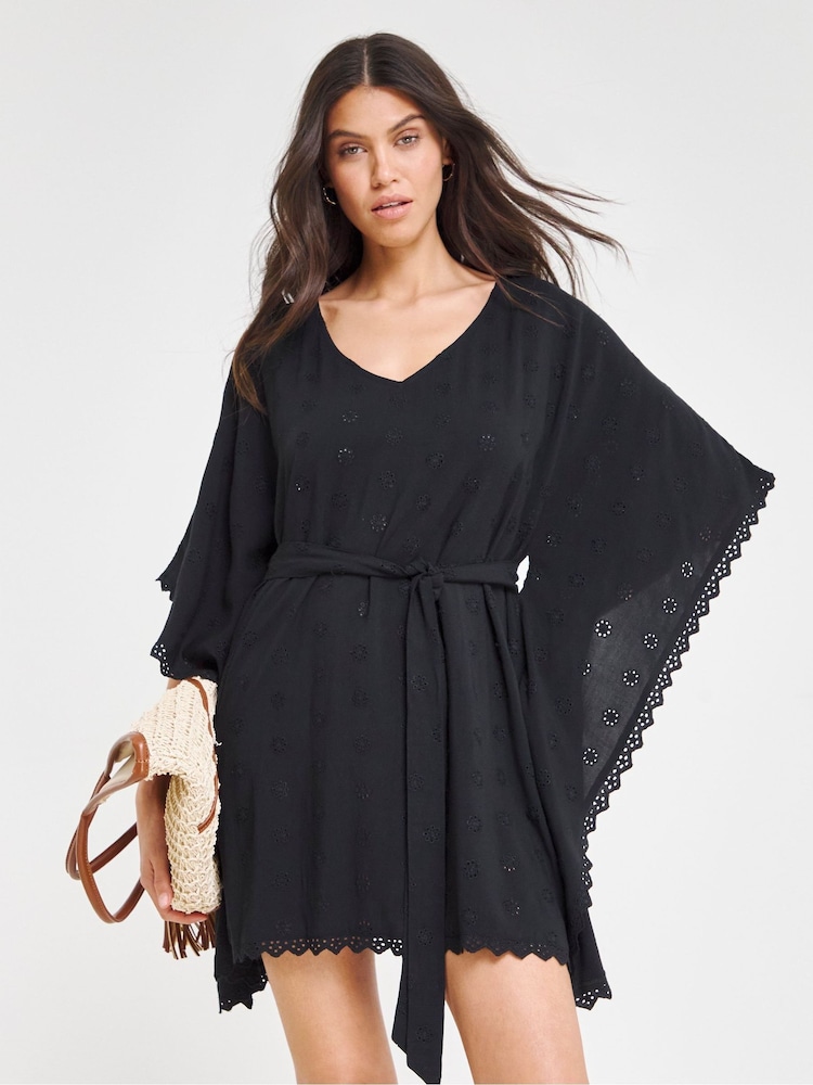 JD Williams Black Beach To Beach Broderie Beach Kaftan - Image 1 of 4