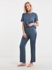 JD Williams Blue Viscose Satin Pyjamas Set - Image 1 of 4