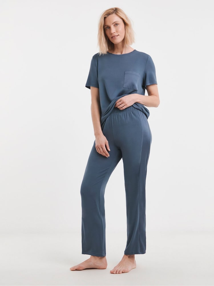 JD Williams Blue Viscose Satin Pyjamas Set - Image 1 of 4