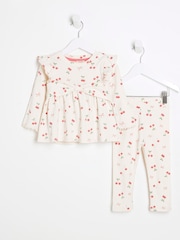 River Island Light Cream Girls Bow Rib Peplum Top Set - Image 1 of 5