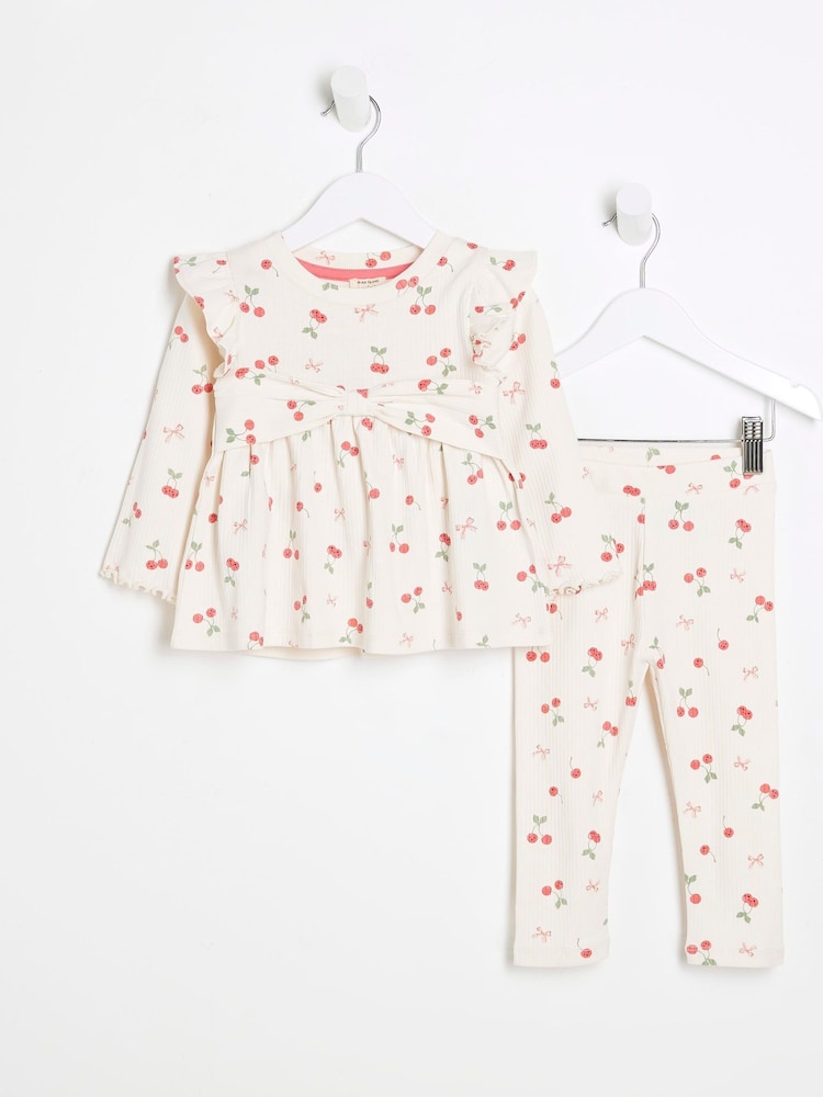 River Island Light Cream Girls Bow Rib Peplum Top Set - Image 1 of 5
