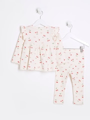 River Island Light Cream Girls Bow Rib Peplum Top Set - Image 2 of 5