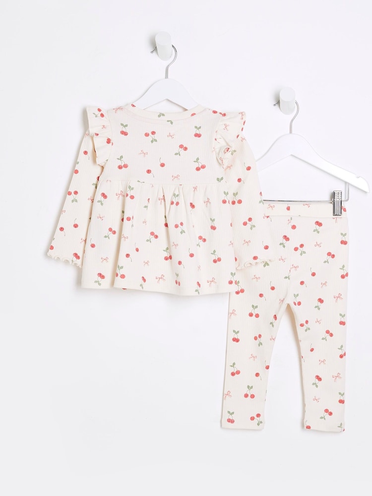 River Island Light Cream Girls Bow Rib Peplum Top Set - Image 2 of 5