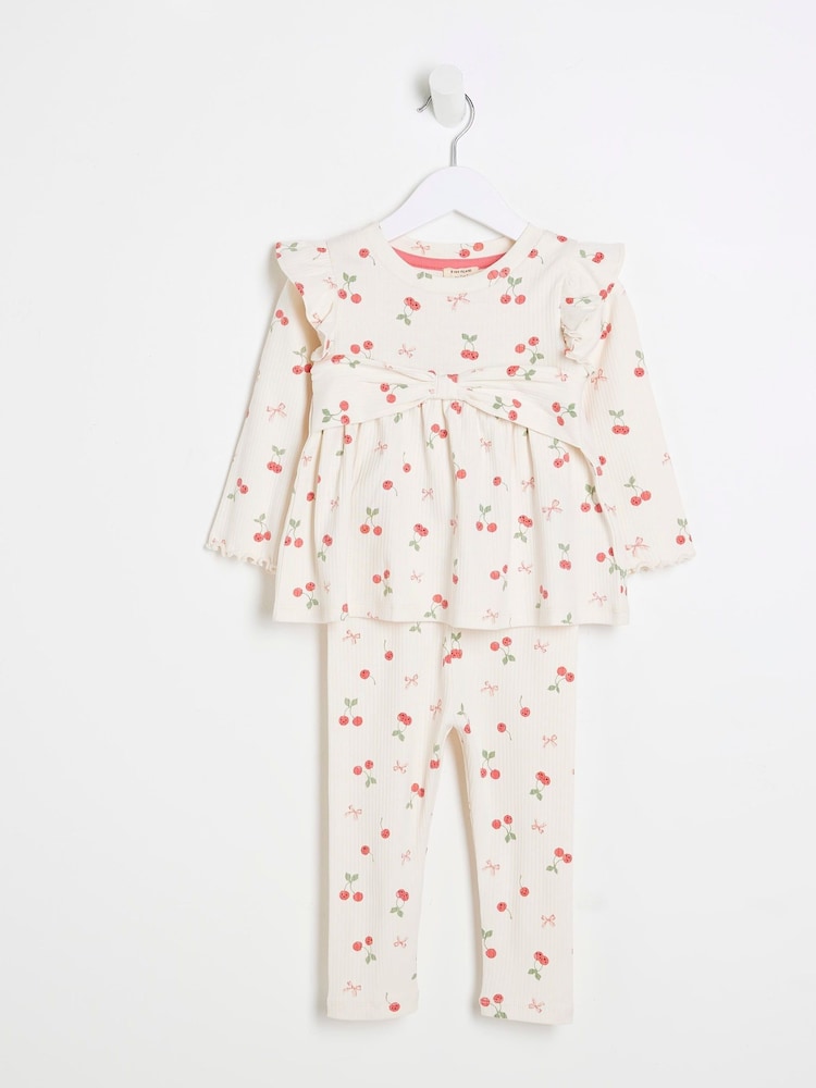 River Island Light Cream Girls Bow Rib Peplum Top Set - Image 3 of 5