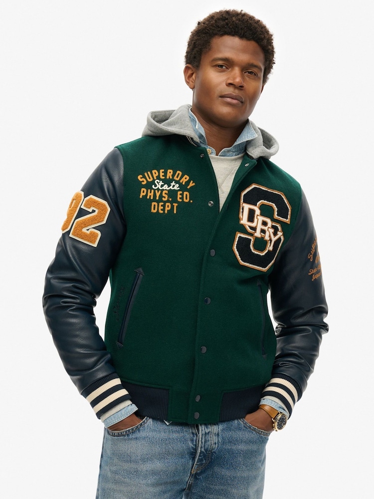 Superdry Green Hooded College Patched Bomber Jacket - Image 1 of 5