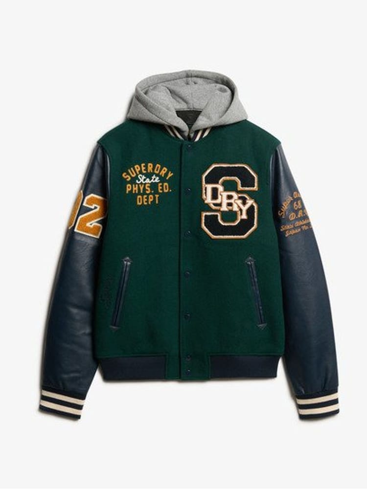 Superdry Green Hooded College Patched Bomber Jacket - Image 5 of 5