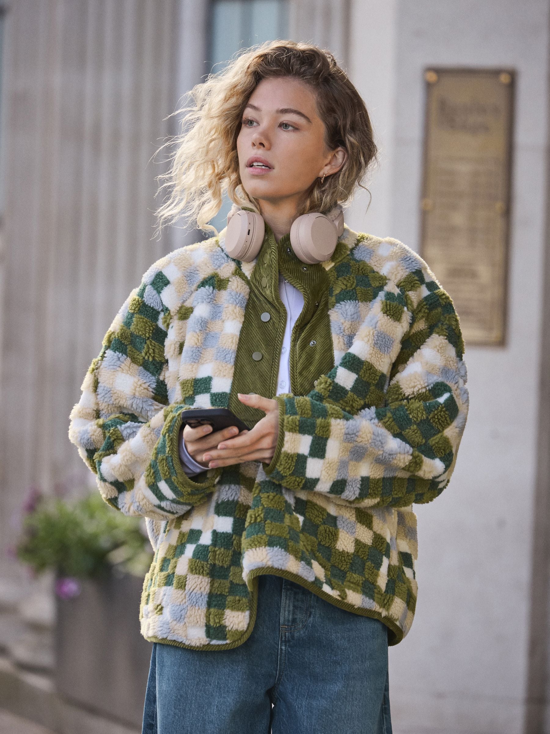 Buy Green/Blue Check Cosy Teddy Borg Woven Mix Button Through