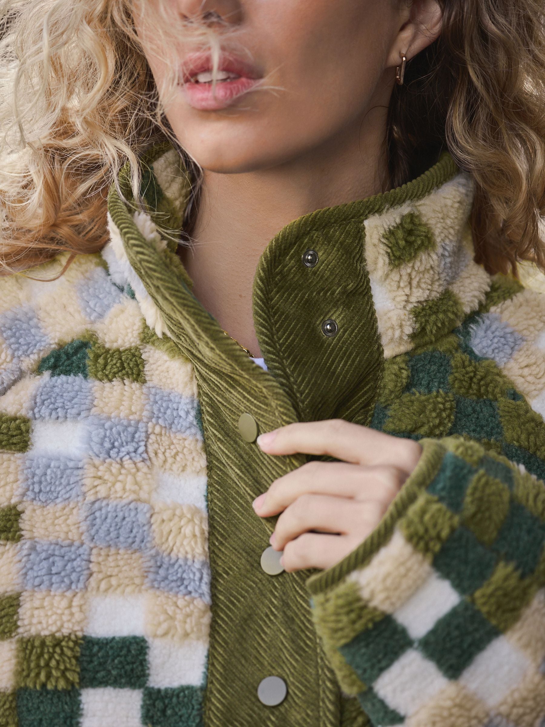 Buy Green/Blue Check Cosy Teddy Borg Woven Mix Button Through