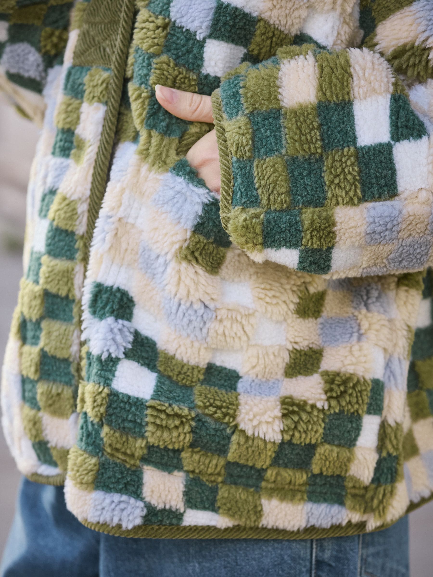 Buy Green/Blue Check Cosy Teddy Borg Woven Mix Button Through