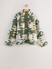 Green Check Pattern Cosy Teddy Borg Woven Mix Button Through Fleece Jacket - Image 6 of 10