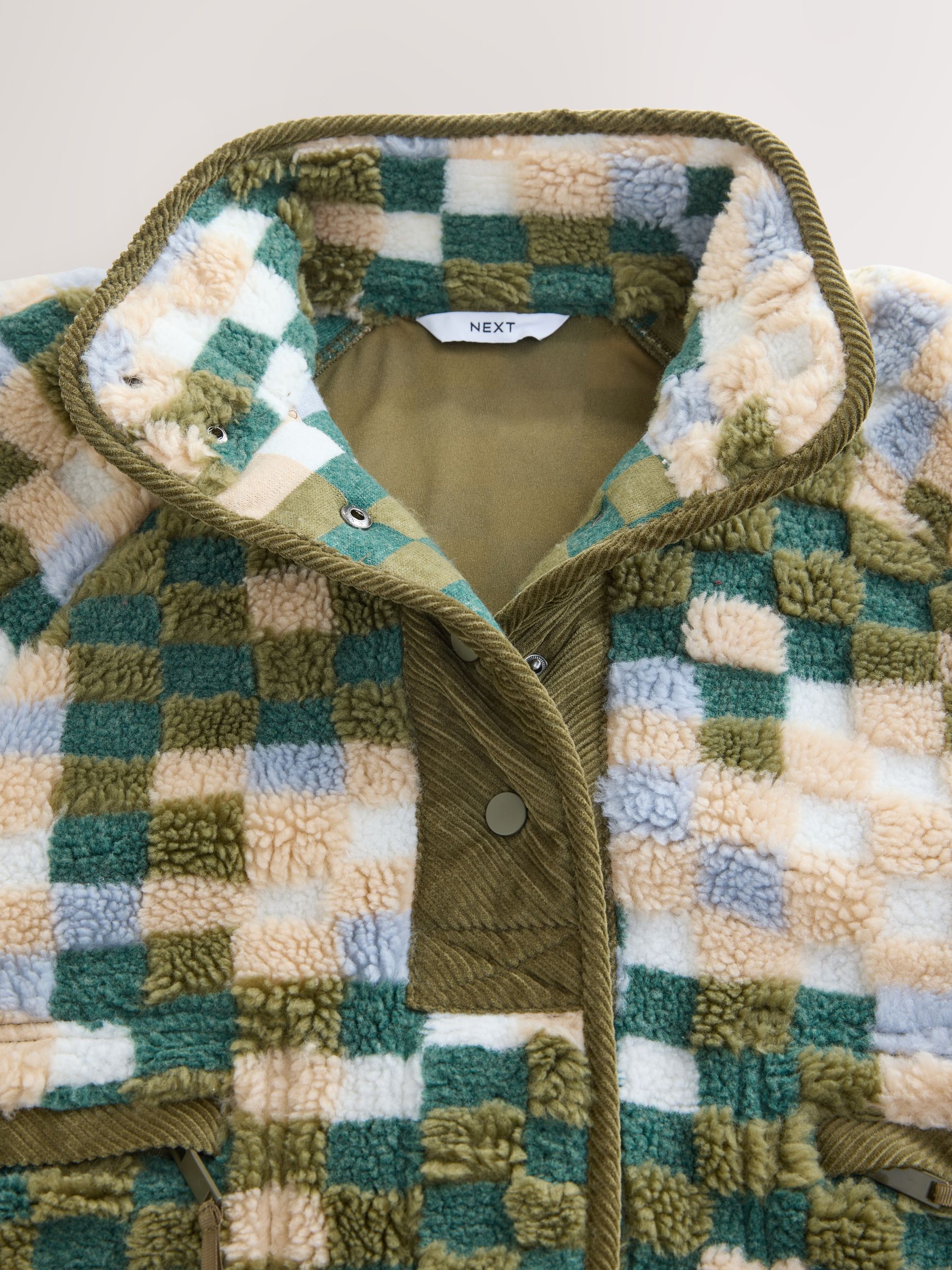 Buy Green/Blue Check Cosy Teddy Borg Woven Mix Button Through