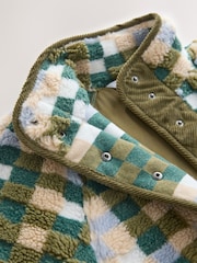 Green Check Pattern Cosy Teddy Borg Woven Mix Button Through Fleece Jacket - Image 8 of 10