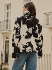 Monochrome Black Ecru Cow Print Teddy Borg Cosy Quarter Zip Fleece - Image 4 of 8