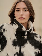 Monochrome Black Ecru Cow Print Teddy Borg Cosy Quarter Zip Fleece - Image 5 of 8