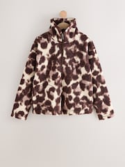 Chcolate/Pink Leopard Animal Print Teddy Borg Cosy Quarter Zip Fleece - Image 1 of 3