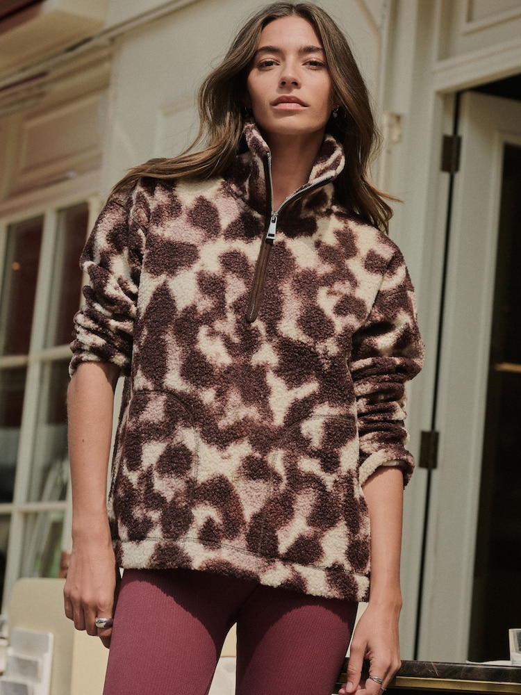 Chocolate Brown/Pink Leopard Print 100% Recycled Polyester Teddy Borg Cosy Quarter Zip Fleece - Image 2 of 7 Chocolate Brown/Pink Leopard Print 100% Recycled Polyester Teddy Borg Cosy Quarter Zip Fleece - Image 2 of 7