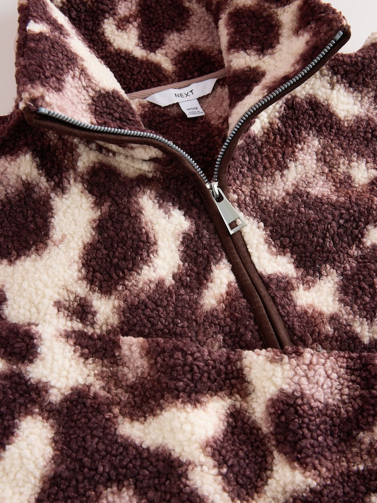 Chcolate/Pink Leopard Animal Print Teddy Borg Cosy Quarter Zip Fleece - Image 3 of 3