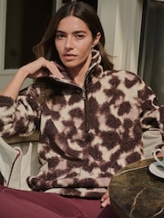 Chocolate Brown/Pink Leopard Print 100% Recycled Polyester Teddy Borg Cosy Quarter Zip Fleece - Image 4 of 7