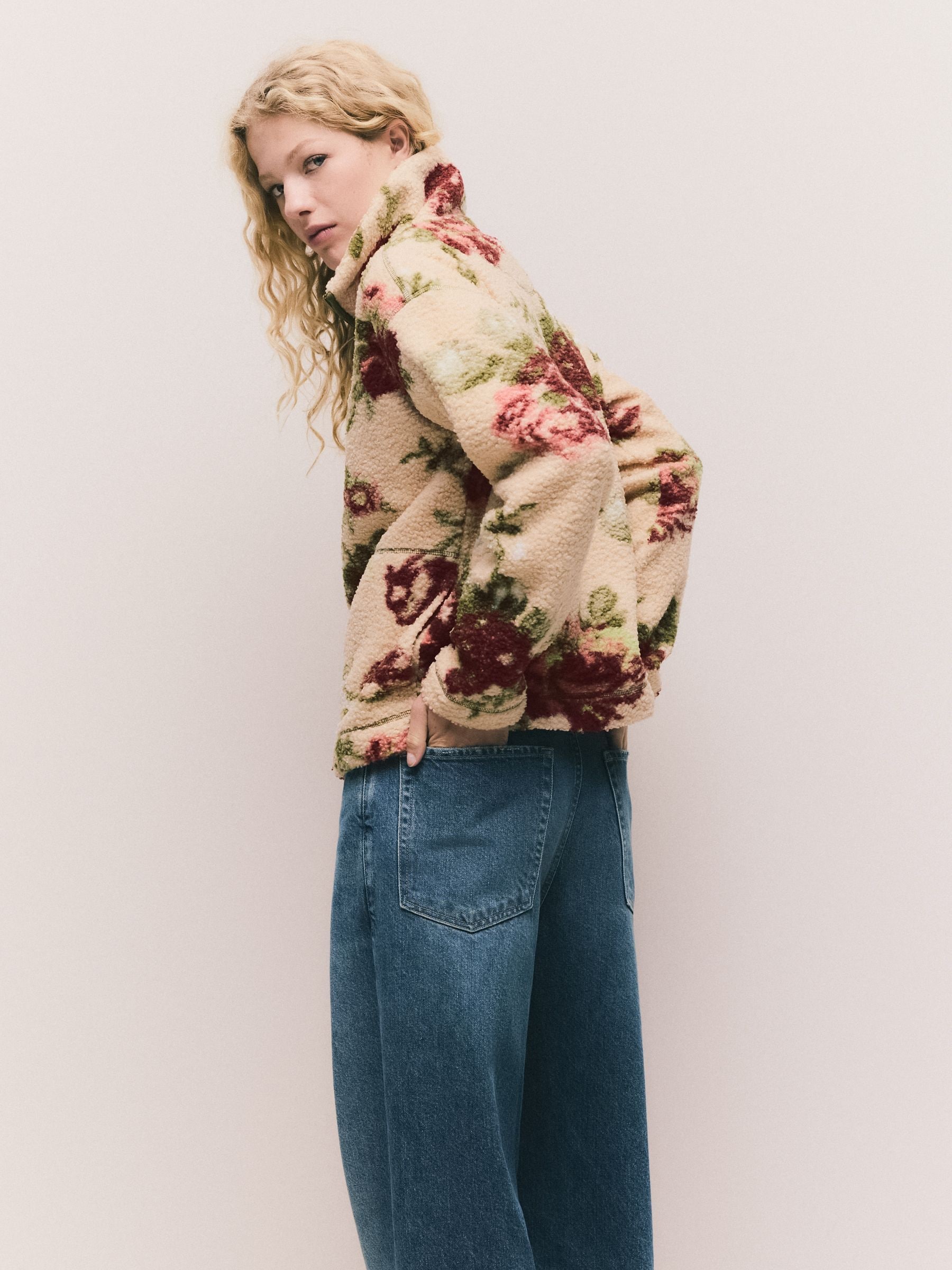 Buy Pink Floral Print Soft Touch Cosy Teddy Borg Quarter Zip