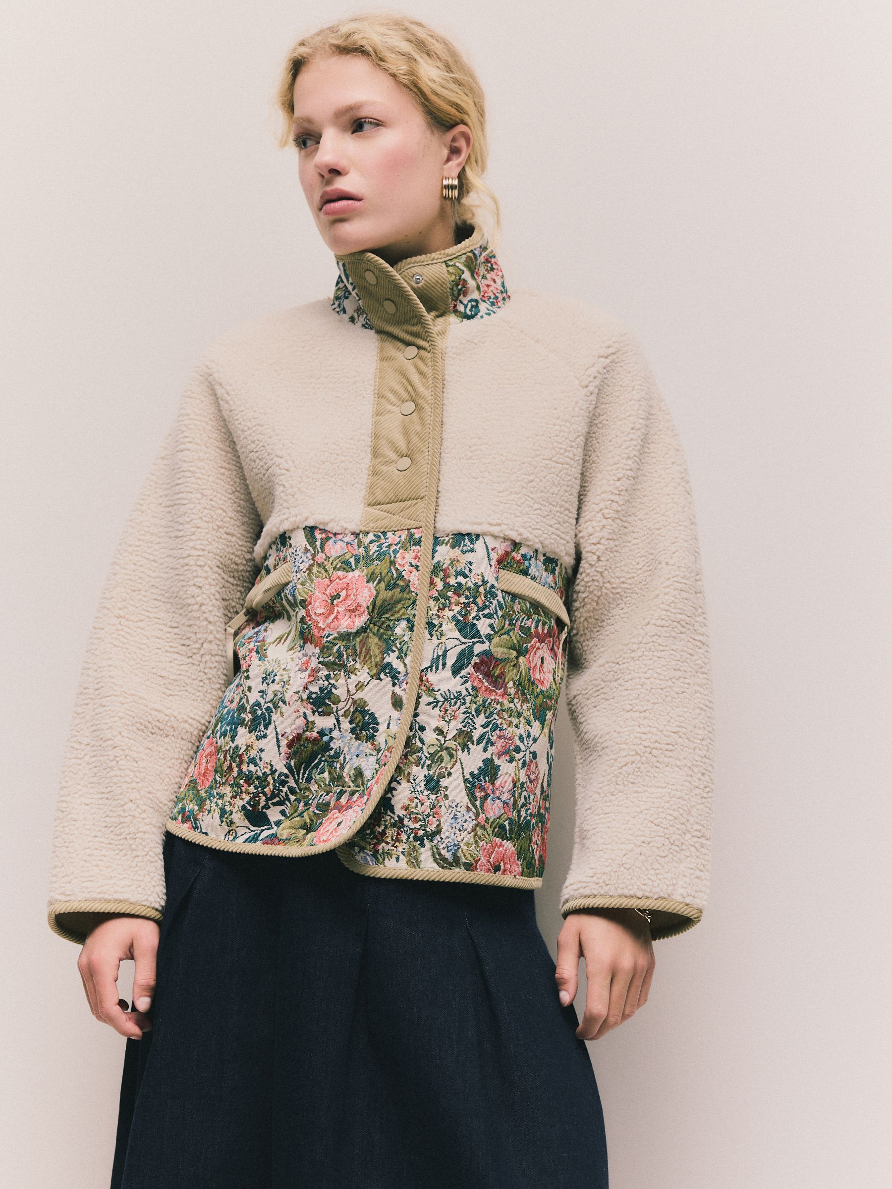 Buy Ecru/Pink Floral Print Cosy Teddy Borg Woven Mix Button