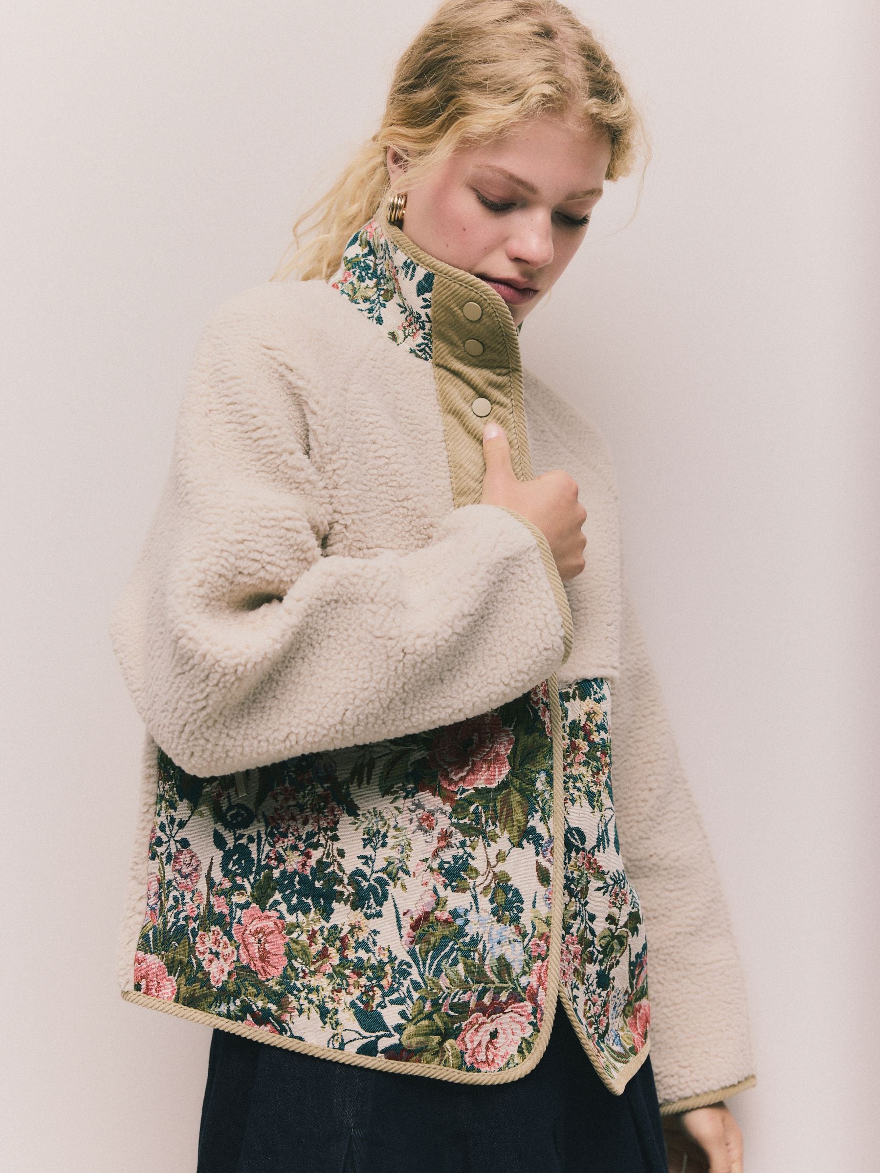 Buy Ecru/Pink Floral Print Cosy Teddy Borg Woven Mix Button