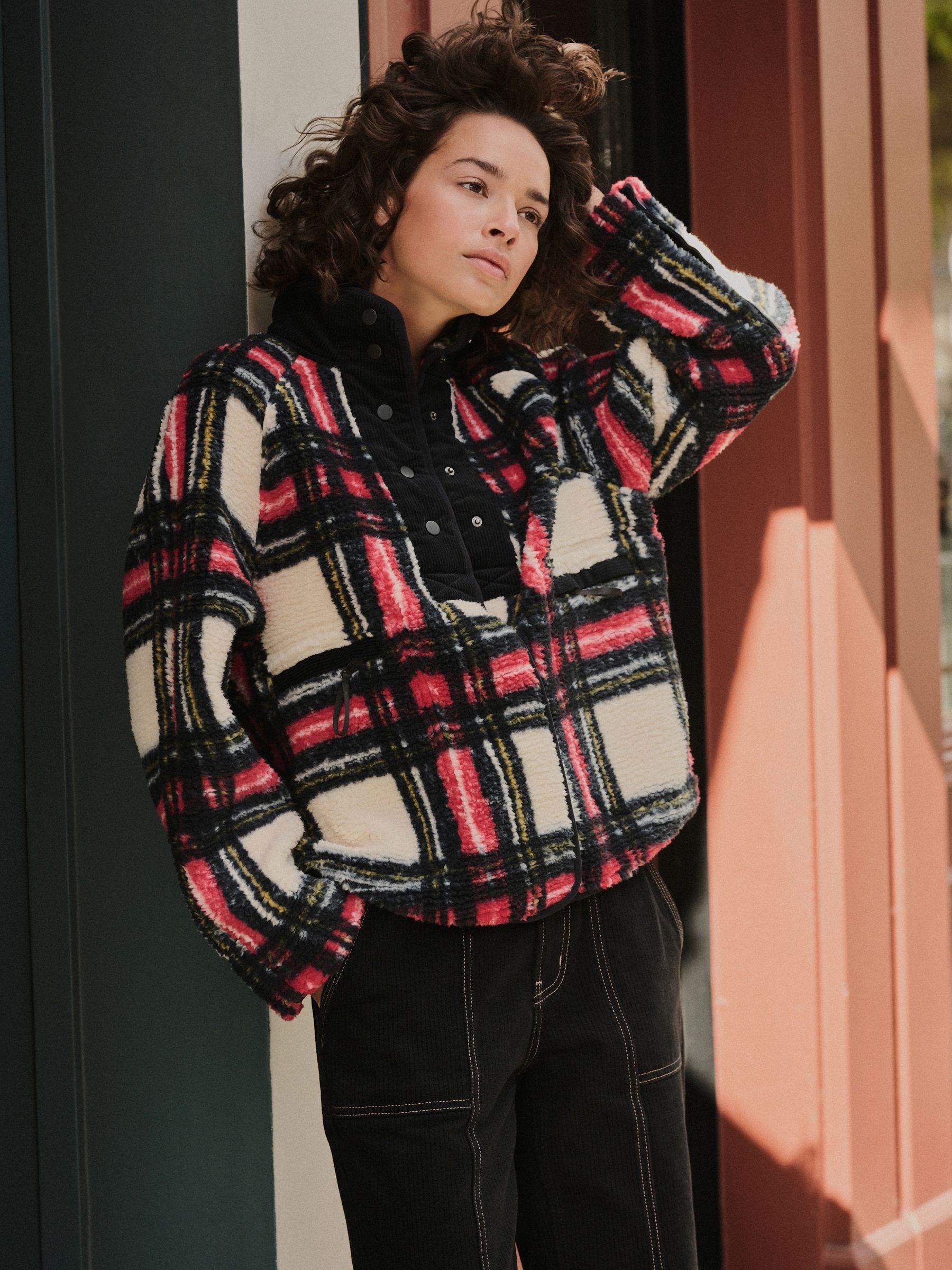 Buy Black/White/Red Check Cosy Teddy Borg Woven Mix Button Through