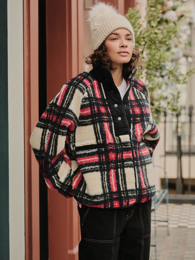 Black/White Red/Black - Polyester Borg Woven Button Through Jacket - Slika 2 iz 10
