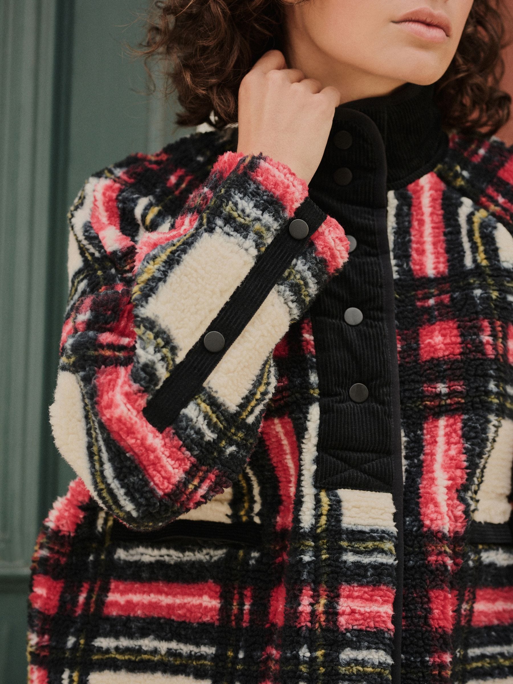 Buy Black/White/Red Check Cosy Teddy Borg Woven Mix Button Through