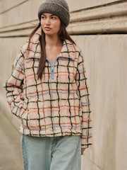 Pink/ Ecru Checkered 100% Recycled Polyester Teddy Borg Cosy Quarter Zip Fleece - Image 2 of 10