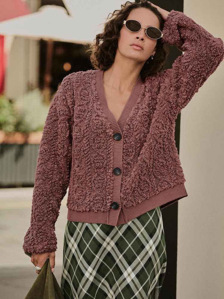 Pink Fluffy Borg Cable Button Through Cardigan Fleece - Image 1 of 8 Pink Fluffy Borg Cable Button Through Cardigan Fleece - Image 1 of 8
