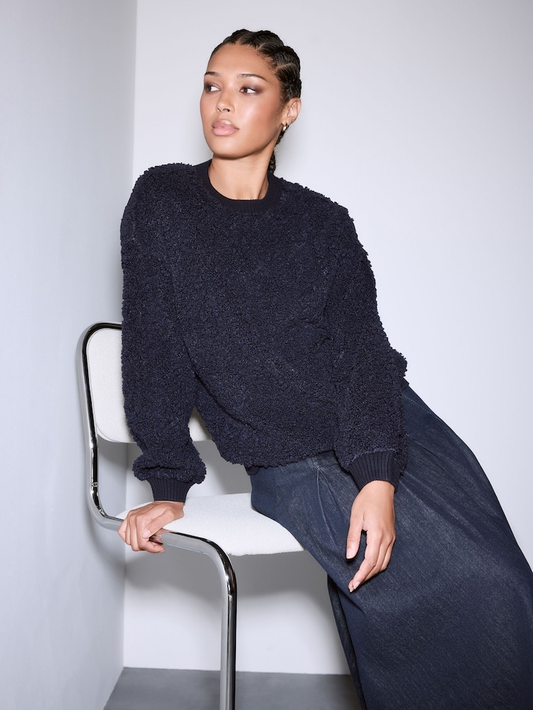 Marineblau - Fluffy Soft Borg Cable Long Sleeve Crew Neck Sweatshirt - Bild 1 von 8