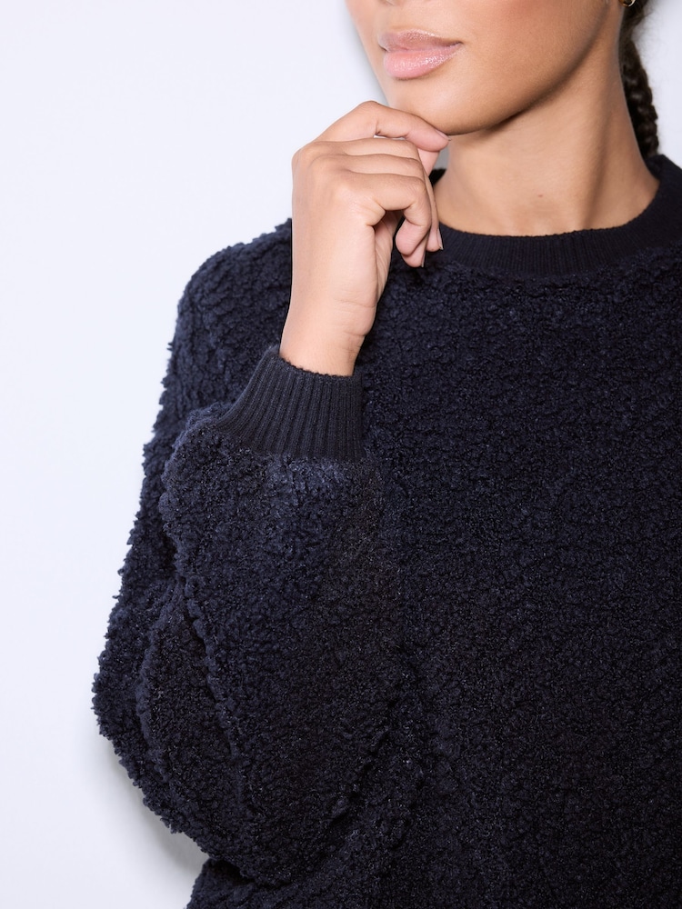 Marineblau - Fluffy Soft Borg Cable Long Sleeve Crew Neck Sweatshirt - Bild 2 von 8