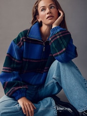 Cobalt Blue Check Woollook Quater Zip Neck Bubble Hem Ribbed Fleece Jacket - Image 3 of 8