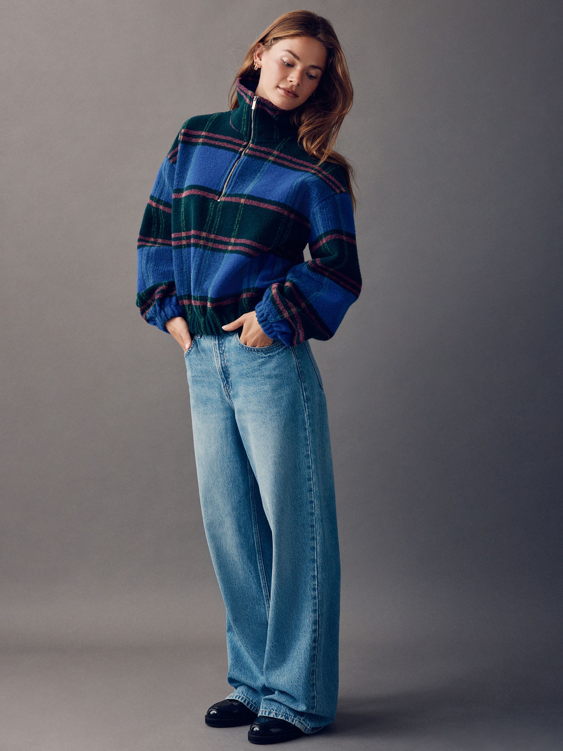 Buy Cobalt Blue Check Soft Brushed Zip Funnel Neck Teddy Fleece