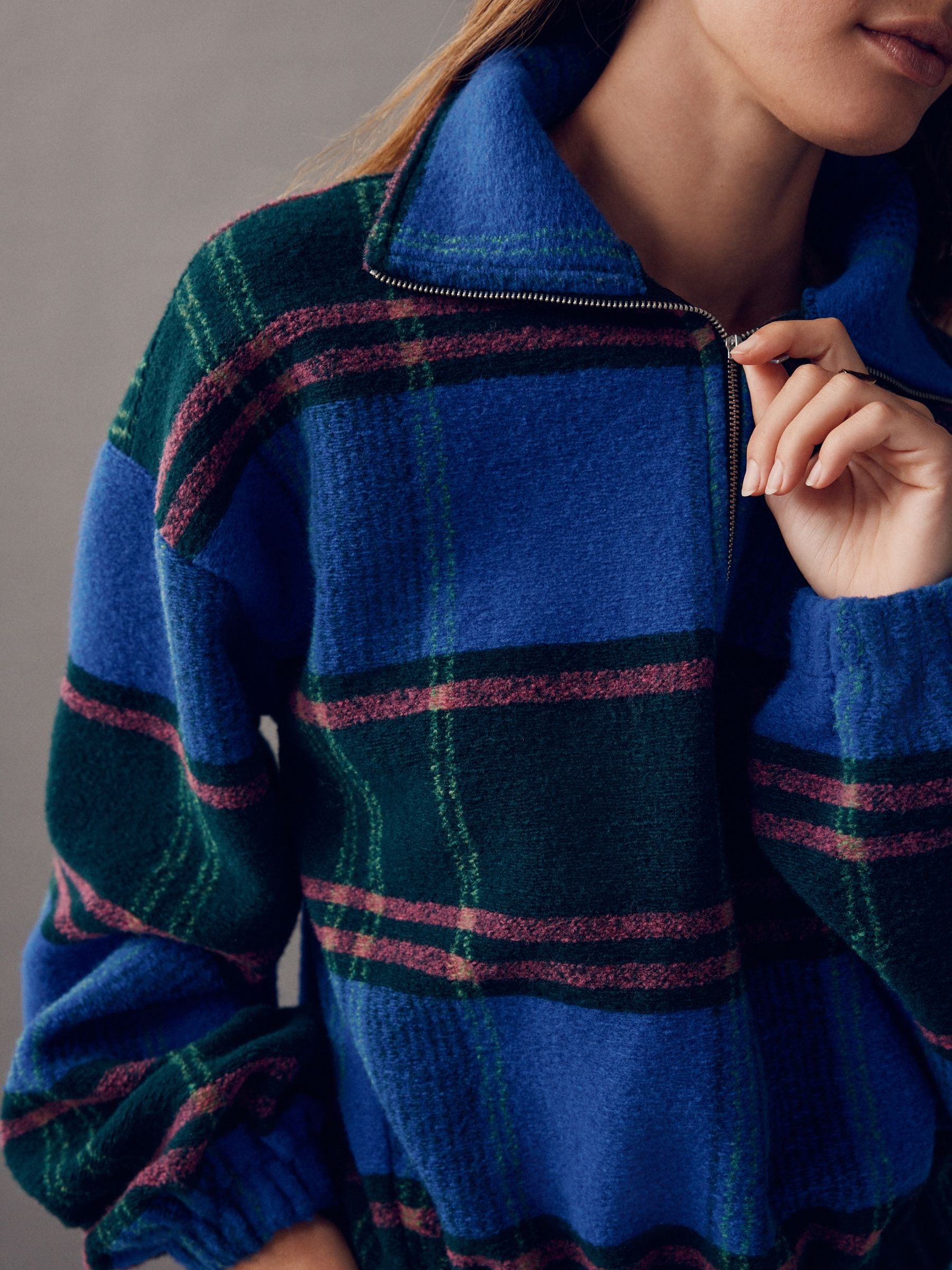 Buy Cobalt Blue Check Soft Brushed Zip Funnel Neck Teddy Fleece